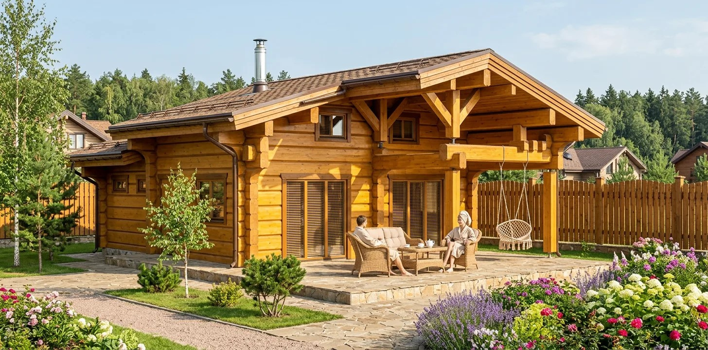 Проект бани из лафета с дизайнерской крышей