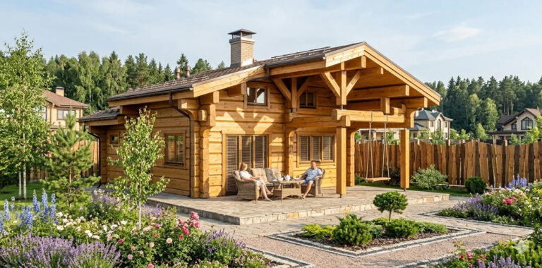 Проект бани из лафета с дизайнерской крышей